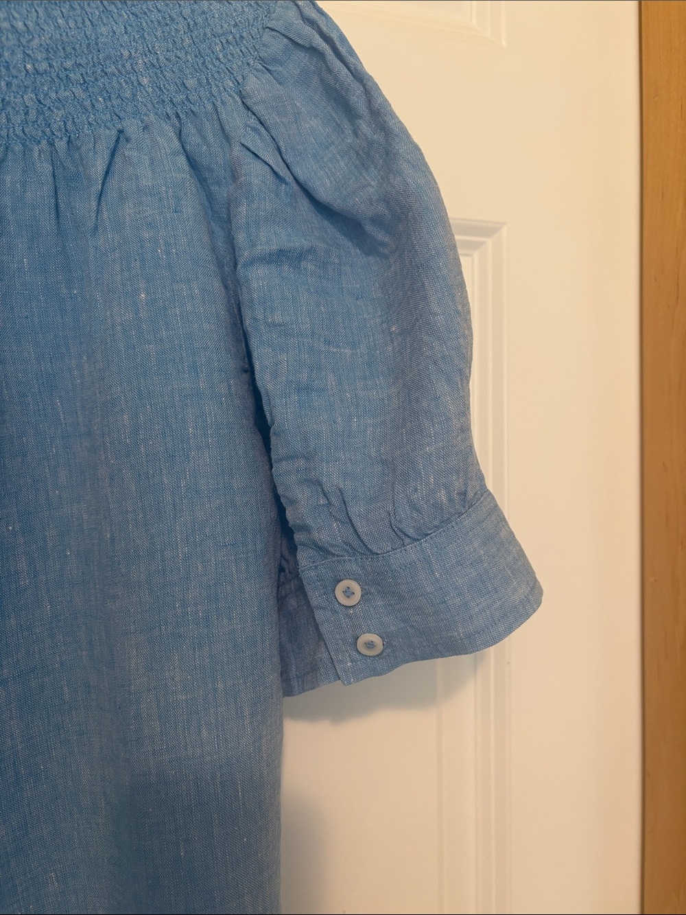 Talbots Light Blue Smocked Yoke Linen Top - Picture 5 of 9